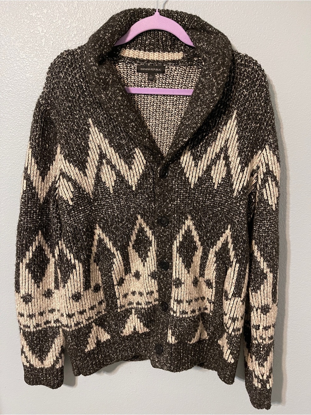 Banana Republic Gray Fair Isle Cardigan Chunky Knit Shawl Collar Pockets Large